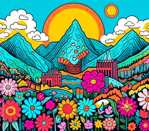 Psychedelic doodle landscape with flowers © ira