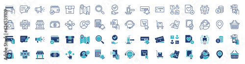 Online shopping and E-commerce icon vector set. Marketing, sales, payment, discount, delivery, cart, and verified symbol illustration
