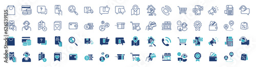 Full collection of e-commerce icon set vectors. Online shopping icons, delivery, store, marketing, payment, money, feedback, support, and more. commerce business illustration design