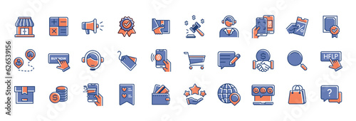 full collection of trendy e-commerce online shopping icons set. store, delivery, money, payment, location, service, wishlist, and more vector illustration