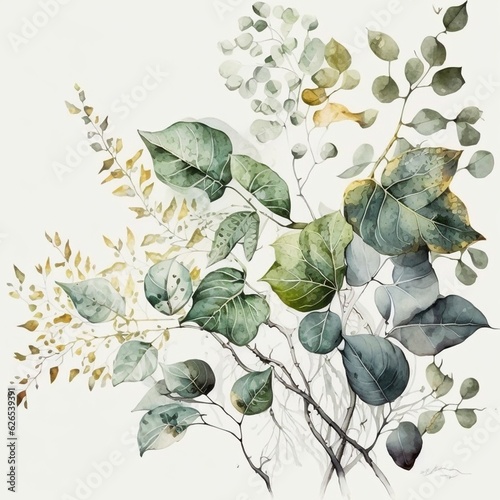 Watercolor style green leaves and branches on white background