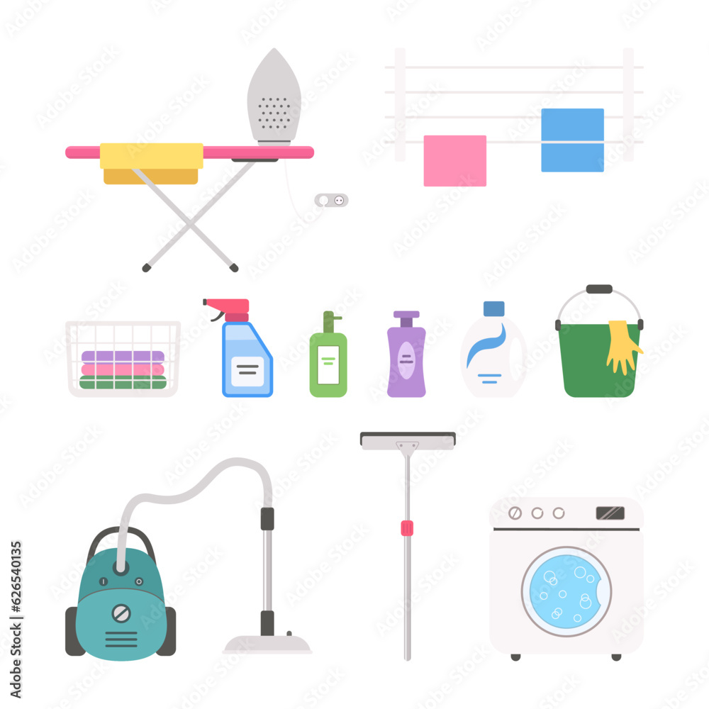 Set of appliances and cleaning tools for home. Doll house interior concept. Cartoon flat style. Vector illustration Set of appliances and cleaning tools for home. Doll house interior concept. Cartoon flat style. Vector illustration
