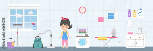 Laundry room with chibi girl and appliances and cleaning tools for home. Doll house interior concept. Cartoon flat style. Vector illustration