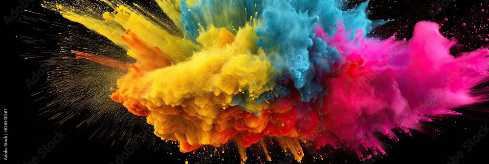 Multicoloured holi powder explosion on a black background. Panoramic view. Generative AI