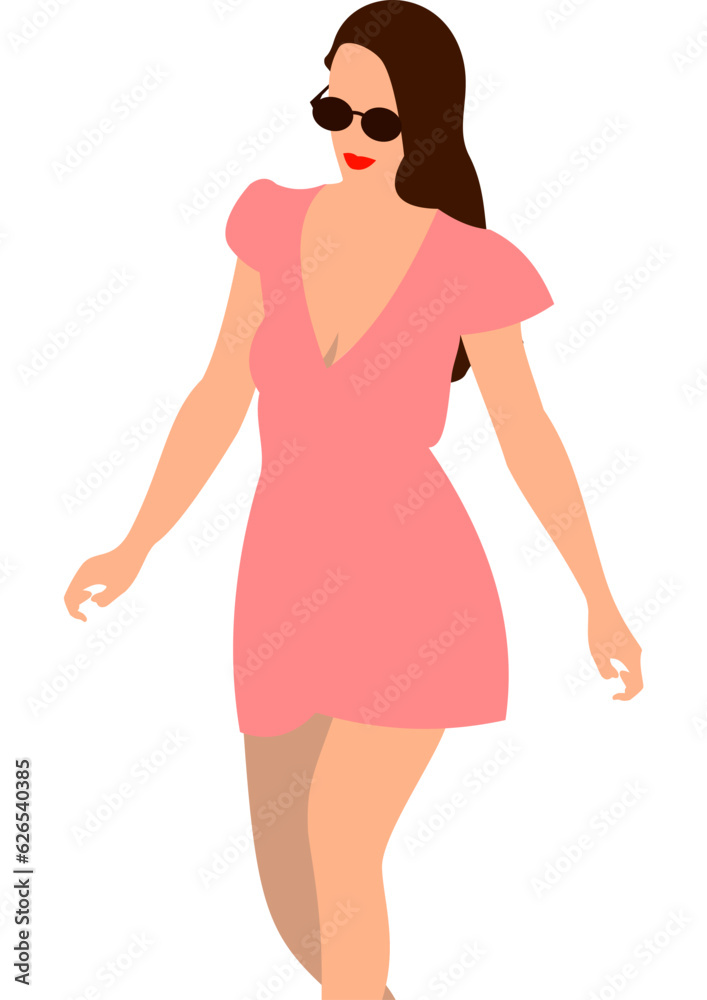This vibrant vector illustration depicts a stylish and confident young girl with luscious dark hair, dressed in a chic and trendy short pink dress that exudes a playful and cheerful vibe. She adds a t This vibrant vector illustration depicts a stylish and confident young girl with luscious dark hair, dressed in a chic and trendy short pink dress that exudes a playful and cheerful vibe. She adds a t