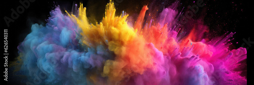 Multicoloured holi powder explosion on a black background. Panoramic view. Generative AI