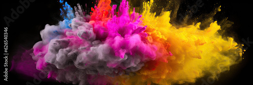 Multicoloured holi powder explosion on a black background. Panoramic view. Generative AI © Farnaces