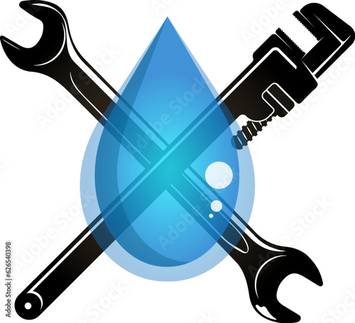 Blue water drop and plumbing wrenches. Design for plumbing repair