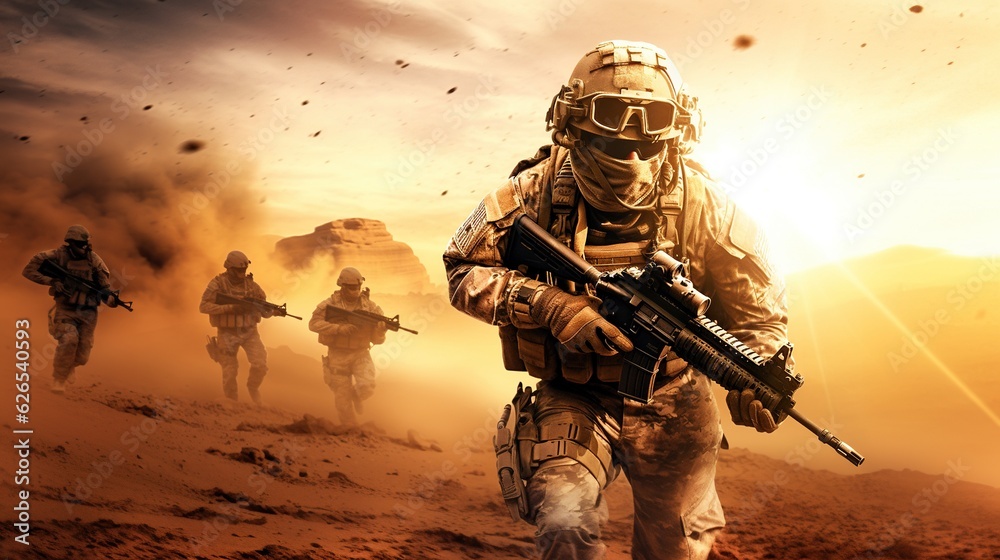 First Light: A Dramatic, Photorealistic Portrait of a Ukrainian Special Forces Soldier and His Team in the Desert, Illuminated by the Rising Sun First Light: A Dramatic, Photorealistic Portrait of a Ukrainian Special Forces Soldier and His Team in the Desert, Illuminated by the Rising Sun