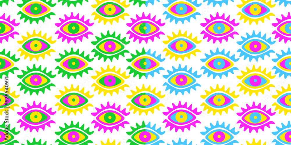 Fantasy eyes of acid colors. Set of seamless patterns