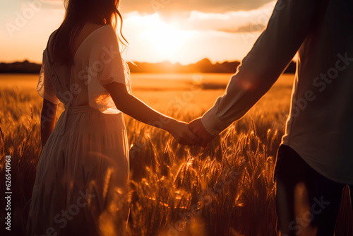 Couple holding hands in a field at dawn