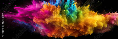 Multicoloured holi powder explosion on a black background. Panoramic view. Generative AI