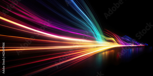 Colorful light trails with motion effect. Illustration of high speed light effect on black background. Generative AI