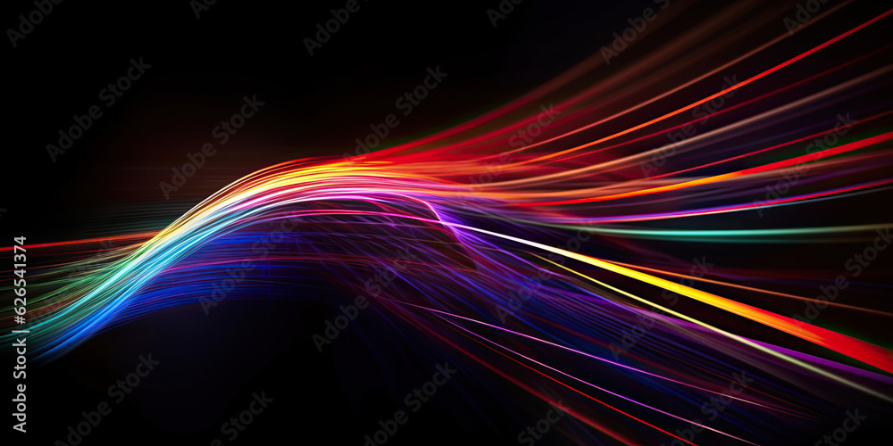 Colorful light trails with motion effect. Illustration of high speed light effect on black background. Generative AI