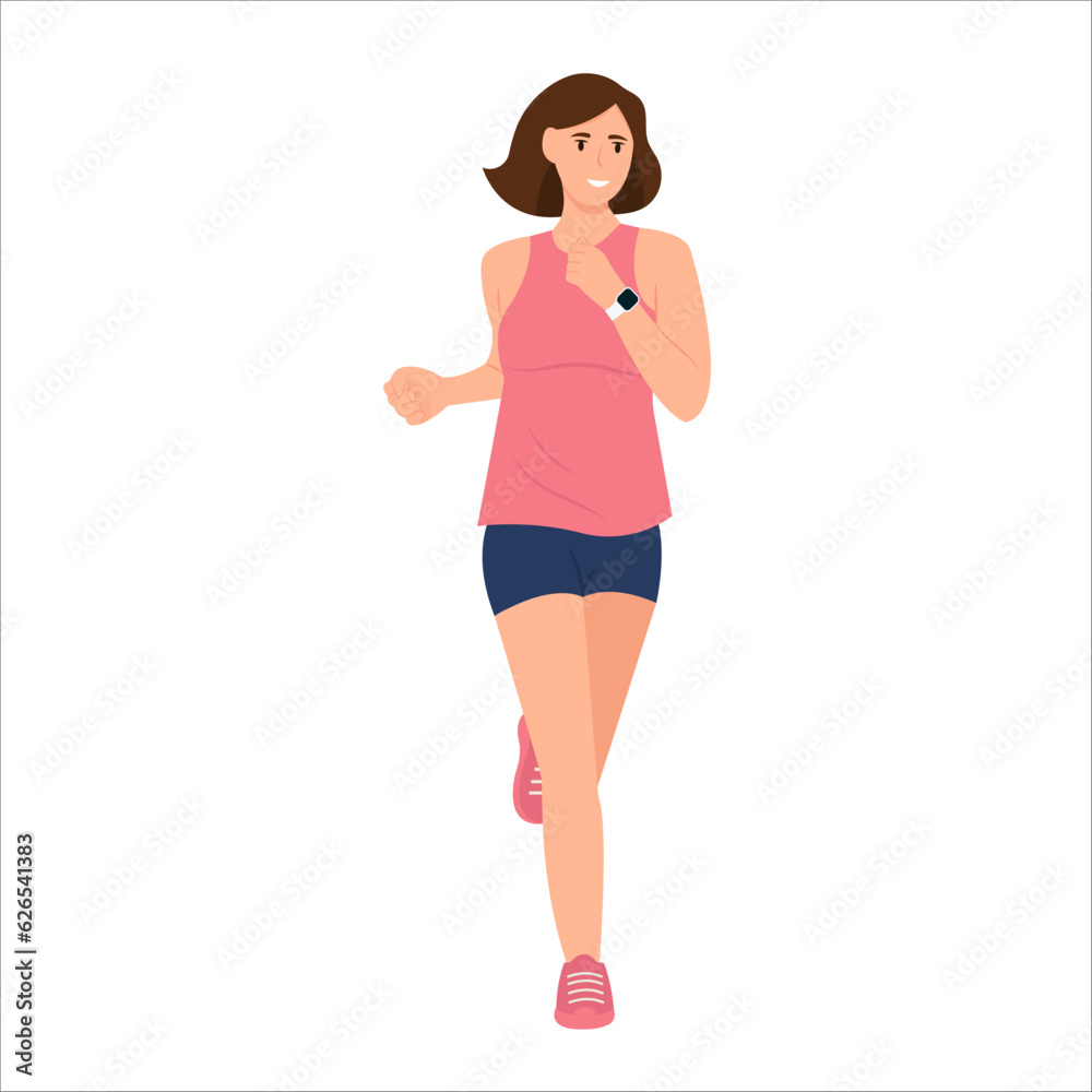 Happy woman in sportswear is running. Sport activity, healthy lifestyle. Vector illustration isolated on white background Happy woman in sportswear is running. Sport activity, healthy lifestyle. Vector illustration isolated on white background