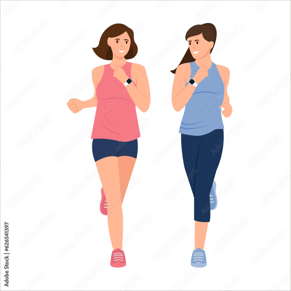 Smiling girlfriends in sportswear is running. Sport activity, healthy lifestyle. Vector illustration isolated on white background Smiling girlfriends in sportswear is running. Sport activity, healthy lifestyle. Vector illustration isolated on white background