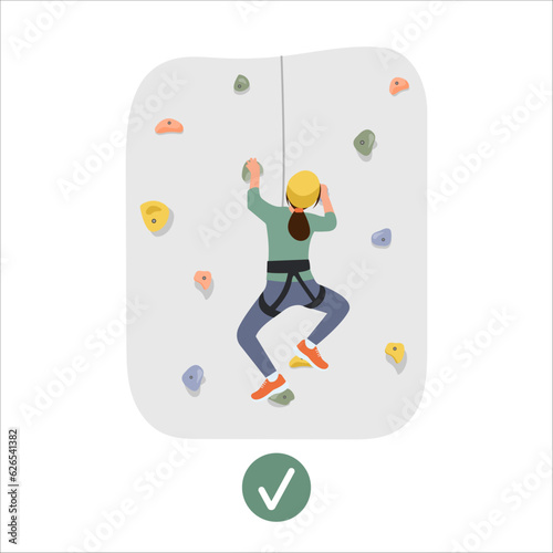 Woman with rope training on climbing rock wall.Using personal protective equipment.Vector illustration