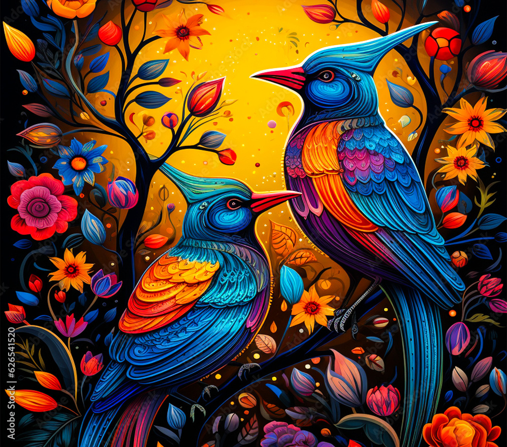 Fototapeta Bright and colourful birds with flowers, contrast folk art background
