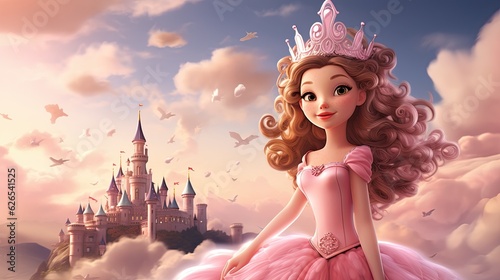 Cartoon princess in rosy dress with tiara, in front of a magical pink castle and fluffy clouds. Concept of fantasy and enchantment.