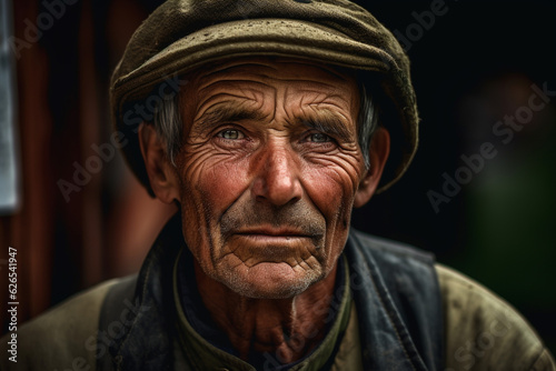 Hyper-realistic Portrait of an old man with a hat in village, intense contrast