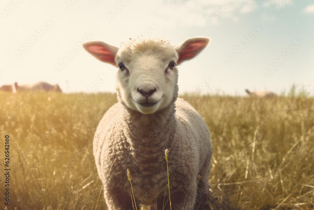 sheep green farm grass field meadow lamb wool sun animal. Generative AI. sheep green farm grass field meadow lamb wool sun animal. Generative AI.