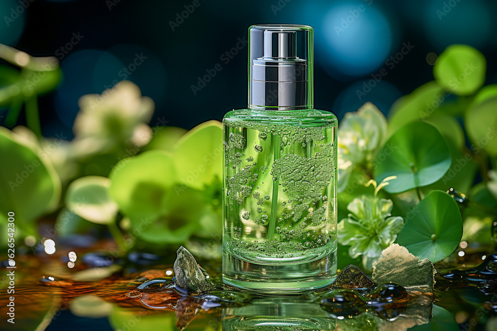 A green cosmetics bottles standing on a glass countertop A green cosmetics bottles standing on a glass countertop