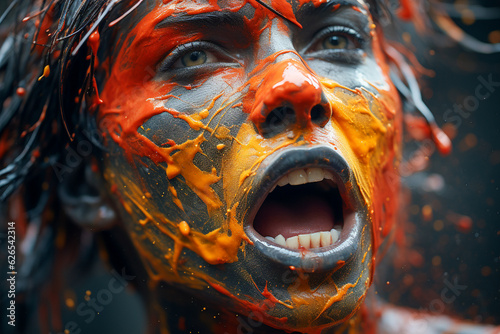 Extreme close up portrait of a woman being sprayed with paint