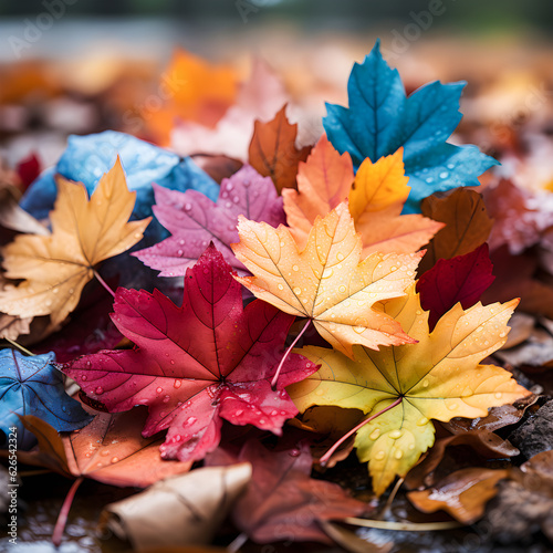 Autumn leaves of different colors wet by raindrops on the ground. Concept of autumn season  autumn leaves and rains