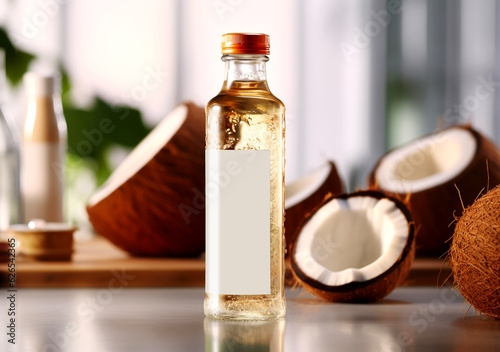 Coconut palm oil in a bottle with coconuts on brown background. Aromatherapy, AI Generated