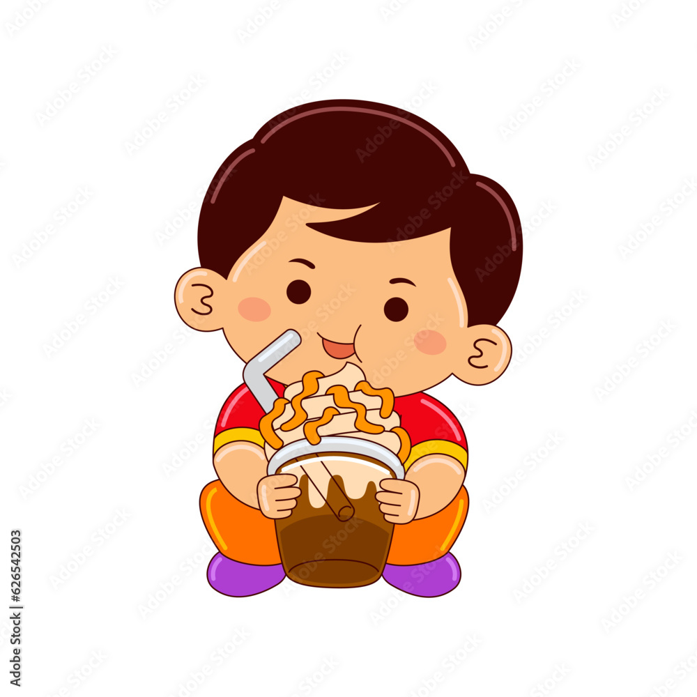 boy kids drinking iced caramel macchiato boy kids drinking iced caramel macchiato