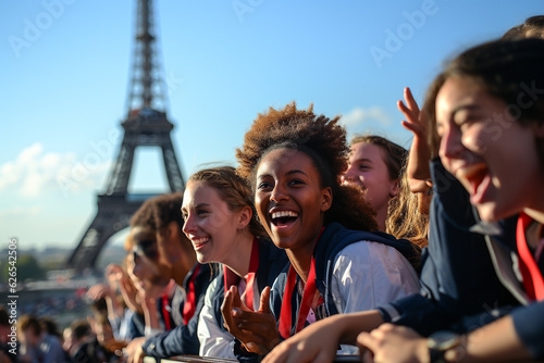 Fotografie, Obraz Spectators in front of the Eiffel Tower