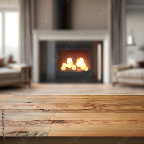 fireplace with burning logs, empty wooden tabletop with blurred living room background, wallpaper fireplace,wood table with modern apartment background ai generated, generated ai