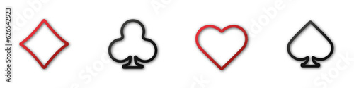 Hearts, clubs, diamonds and spades token on an white background. Set collection gambling sign symbol of playing card suits and chips for poker and casino.