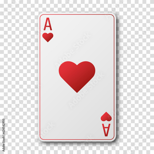 Realistic playing card for poker or blackjack. Ace of hearts suit on a transparent background. Vector illustration.