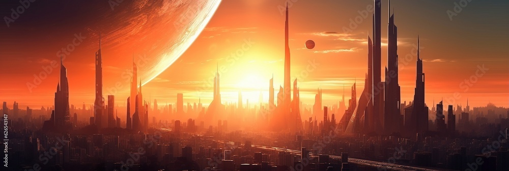 Futuristic alien city at sunset, AI-generative
