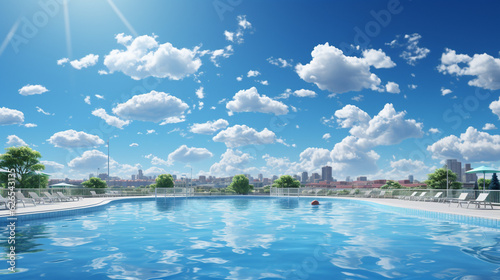 Large pool with a view at the city, blue sky, peace, sun. Generative AI