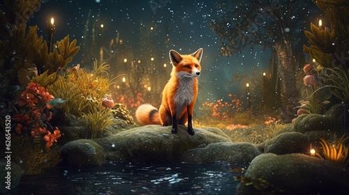 The Fox looks tired  he sits on the mossy stones at night in the garden. Flowers and fireflies surround him in a beautiful night time scene