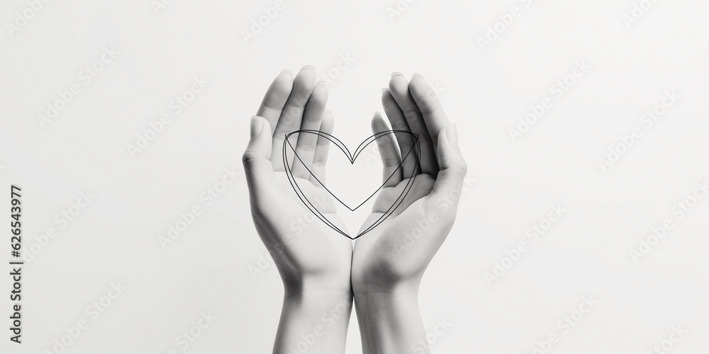 Naklejka premium Minimalist line art, a symbol of giving hands forming a heart, symbolizing charity and philanthropy, black lines on a pure white background, clean and striking composition, monochromatic