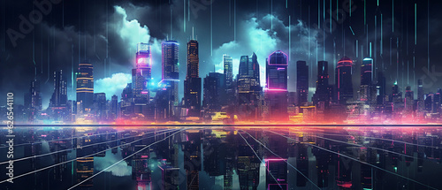 Digital cityscape at night, 3D rendered, high - rising neon - lit skyscrapers, floating holographic billboards, cyberpunk aesthetic, reflecting in wet streets after rain, deep perspective, Blade Runne © Marco Attano