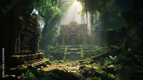 virtual reality scene, user's perspective, exploring an ancient, overgrown temple in a digital rainforest, detailed foliage, mysterious glyphs, ambient sunlight filtering through, immersive © Marco Attano