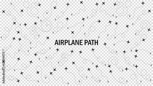 Airplane or aeroplane routes path set. Travel concept from start point and dotted line tracing. Aircraft tracking, plane path, travel, map pins, location pins. Vector illustration. Transparent bg.