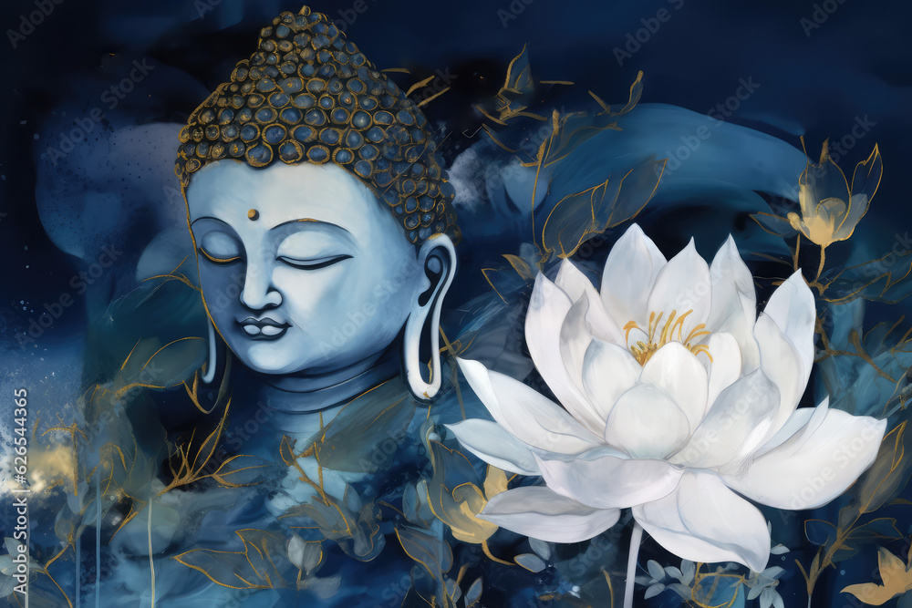  Lotus flowers and gold buddha, generative AI	
