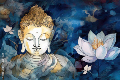  Lotus flowers and gold buddha  generative AI  