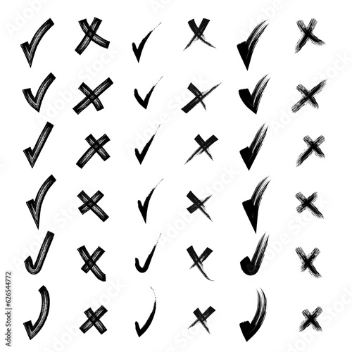 Yes and no. Brush hand drawn doodle checkmarks and crosses set collection. Scribble  pen sketches. Vector illustration. Pencil hand drawn checkmarks and little crosses.