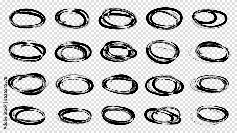 Vector abstract hand drawn marker ellipses. Hand drawn abstract grunge frames elements. Scribble set. Doodle sketched highlight circles or rings. Black marker drawing.