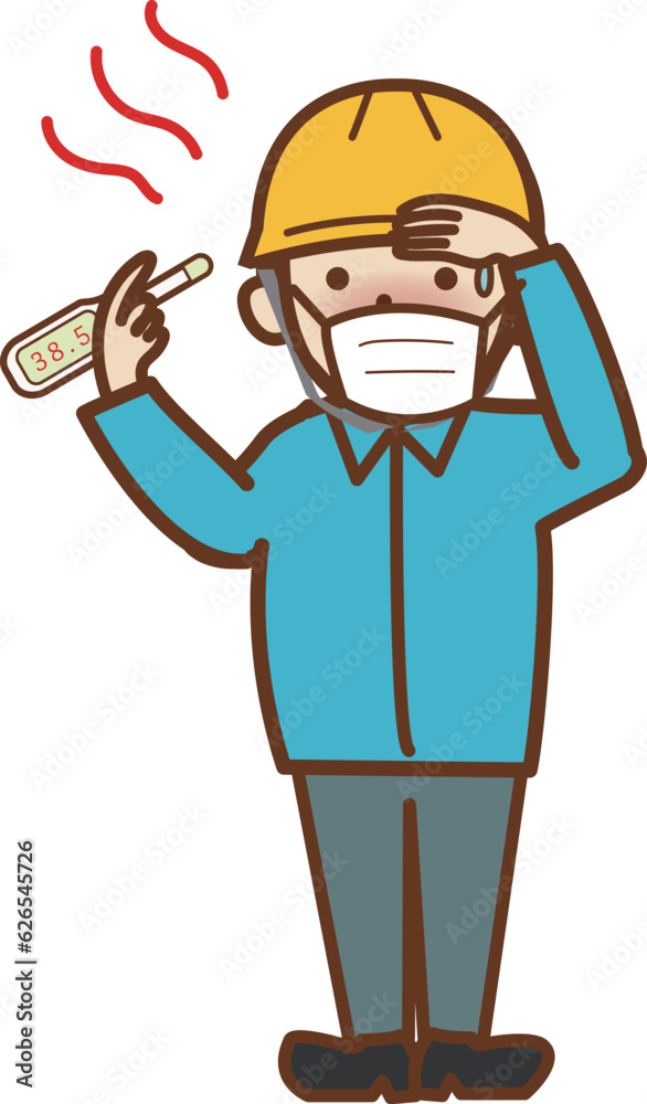 マスクをして体温計を持つ、熱のあるヘルメットをかぶった作業員の男性。