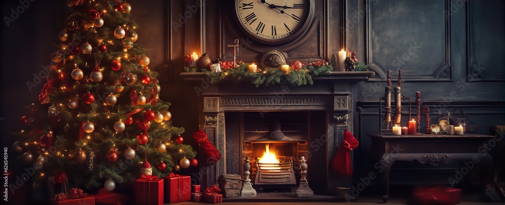 Fireplace with Christmas tree, red Christmas decoration with baubles and candles, room in castle design, wood paneling with golden finishing, clock and table; Generative AI