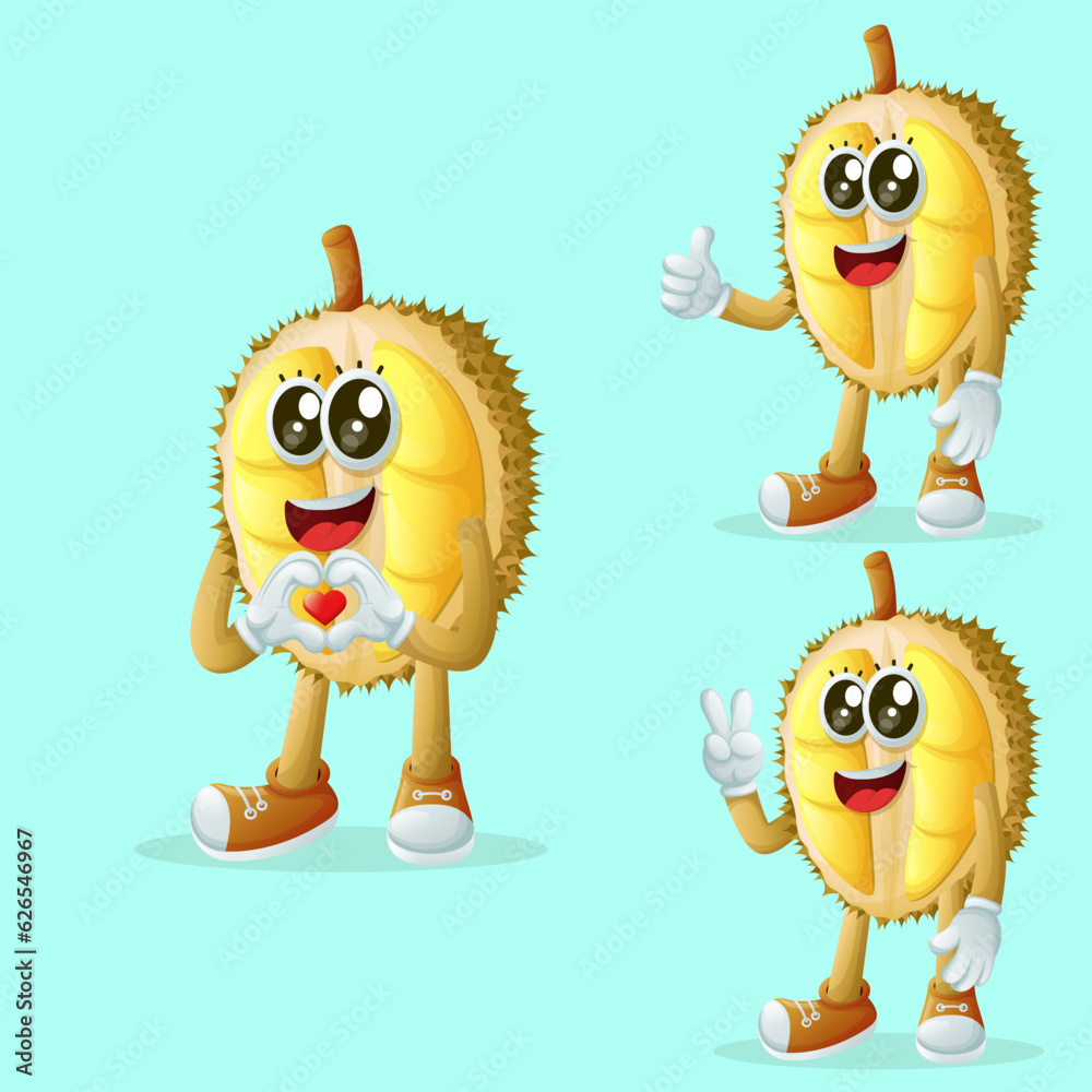 Cute durian characters making playful hand signs