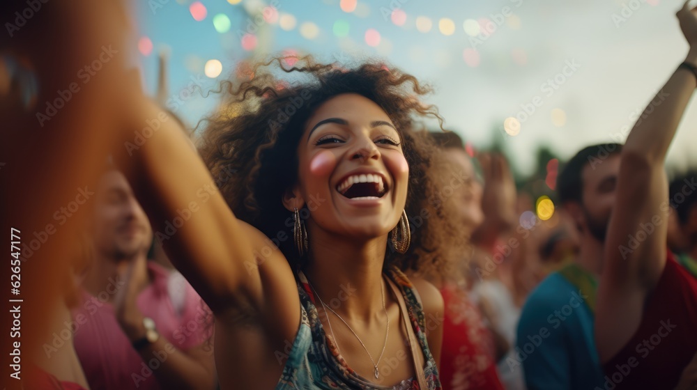 Epitomizing youth and fun, Diverse, energetic group of millennials dancing with joy and excitement at a lively music festival, Generative AI