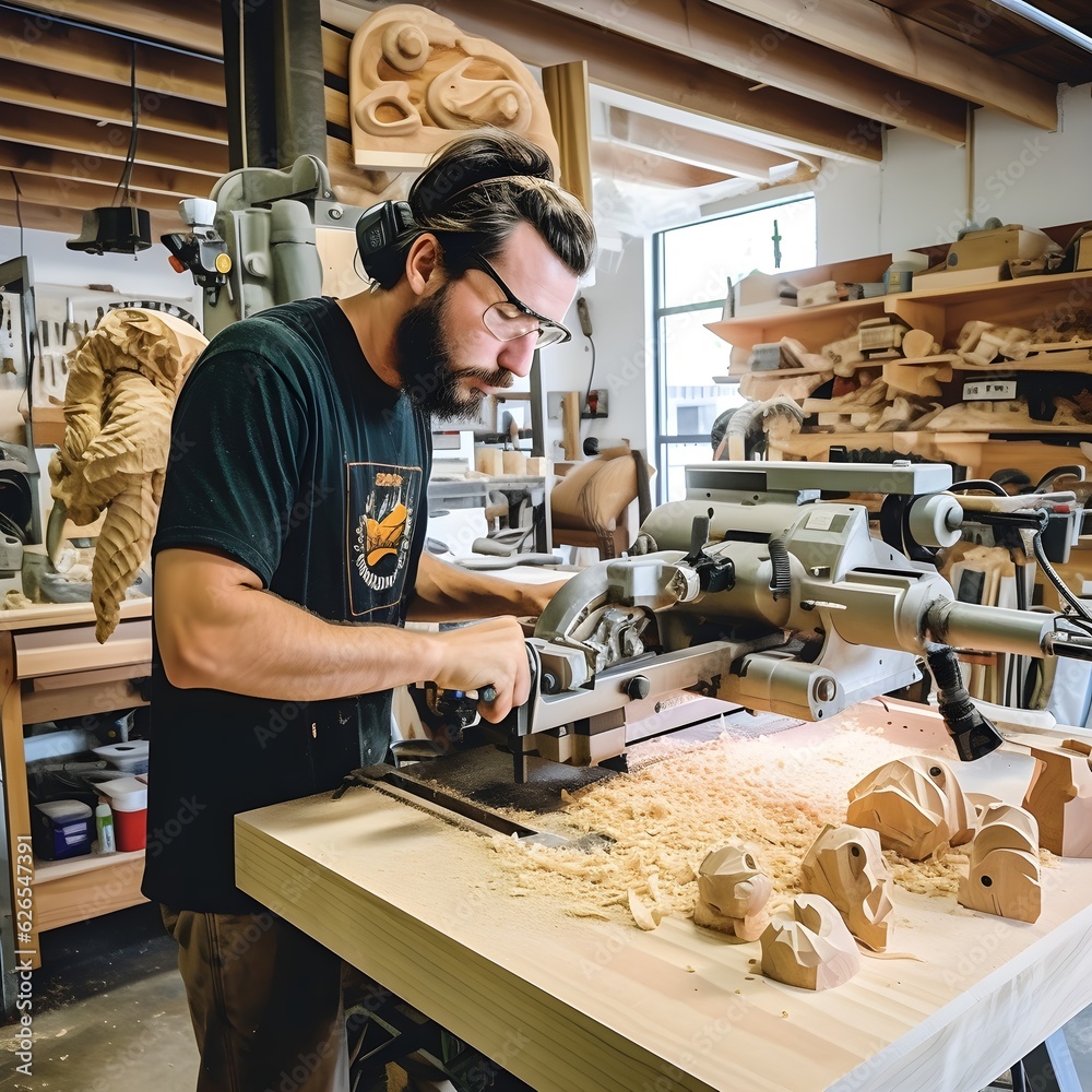 Portrait of mature bearded carpenter posing confidently standing in woodworking shop and smiling happily looking at camera